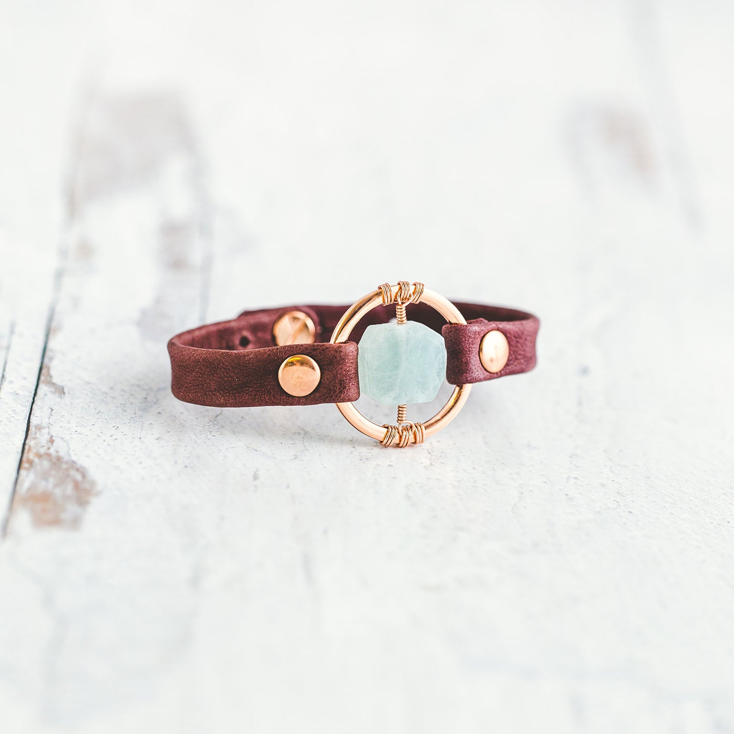Rose Gold and aquamarine leather bracelet