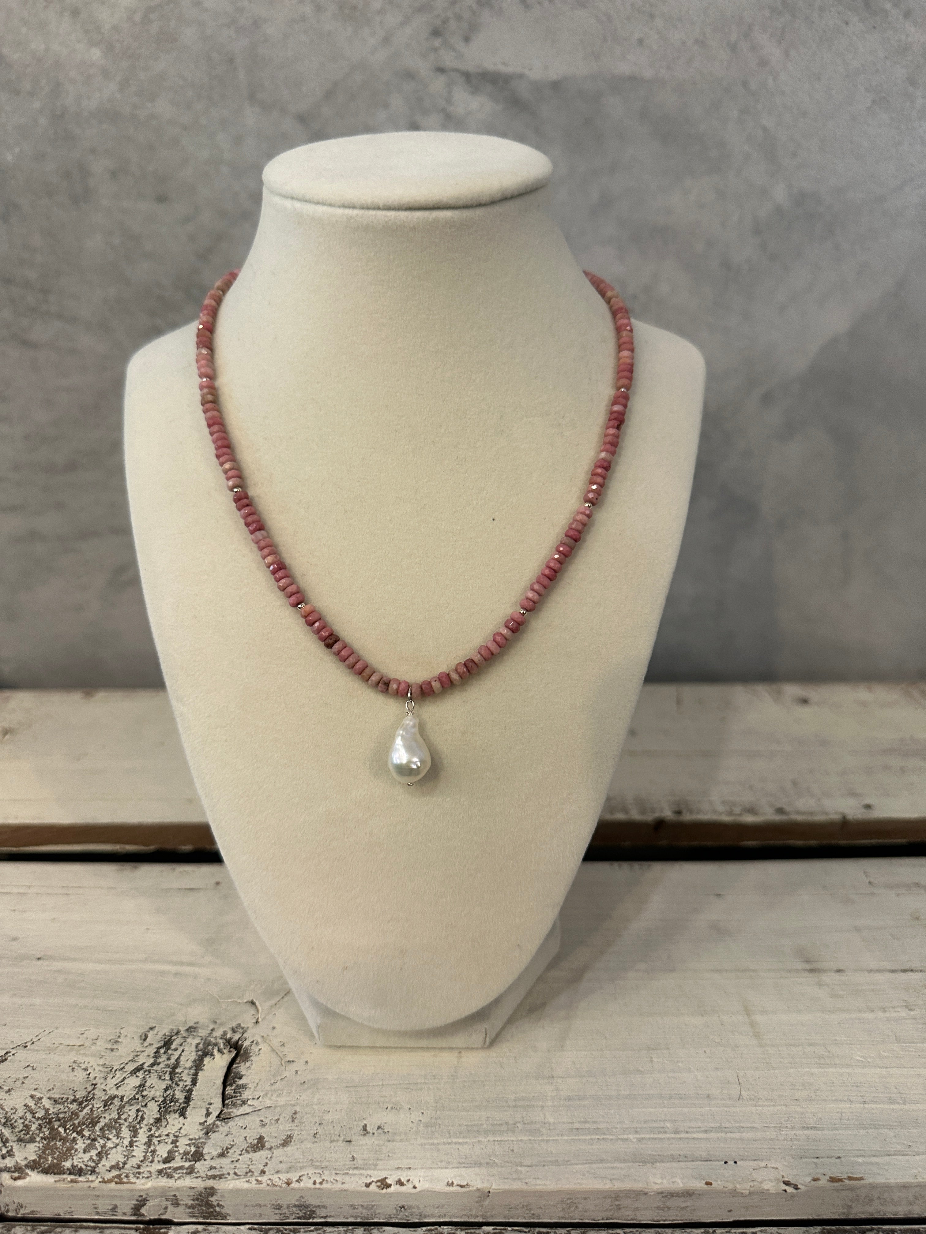 Beaded Crystal Necklace - Rhodonite & Baroque Pearl