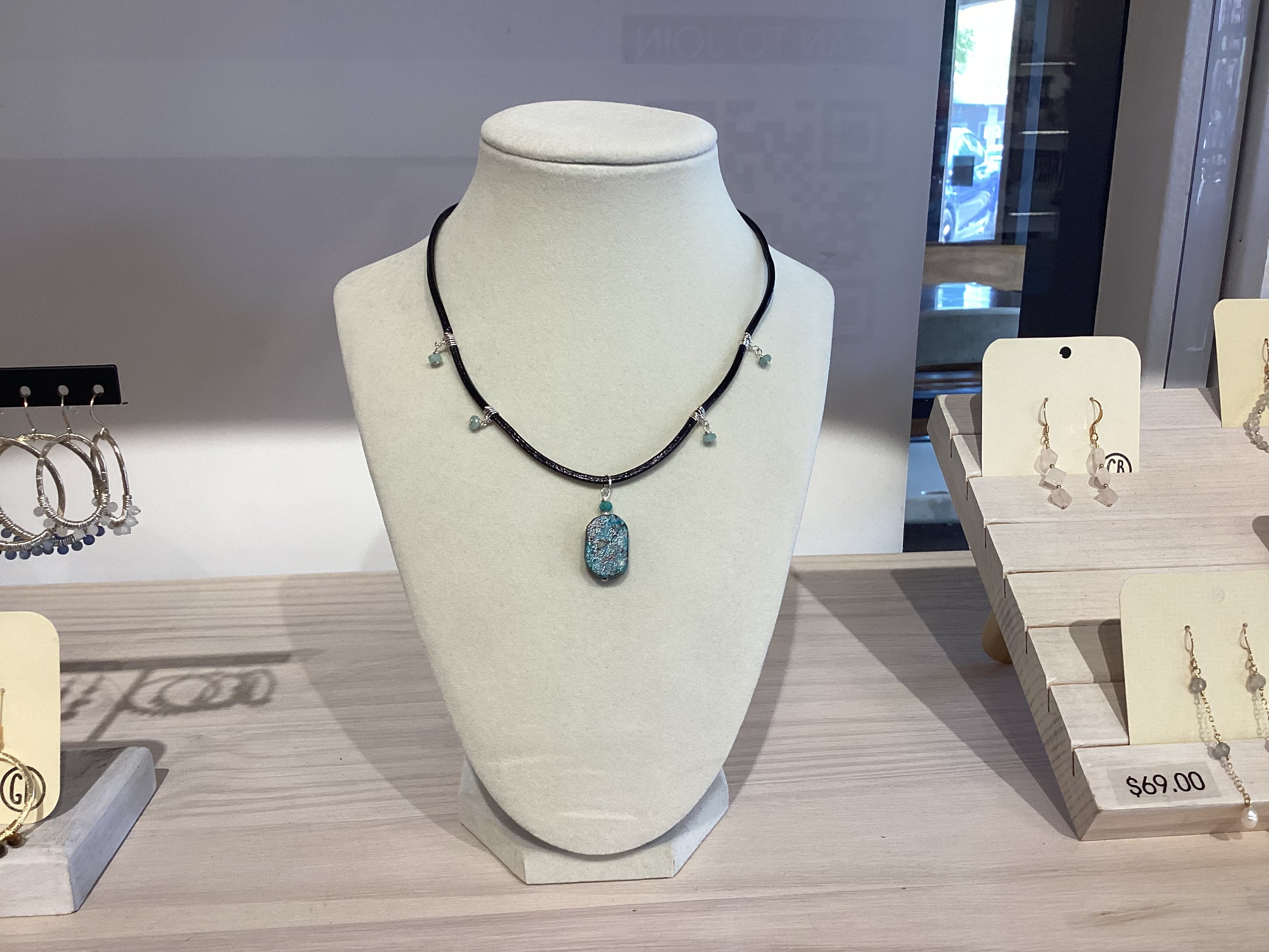Leather Crystal Necklace - Chrysocolla and Amazonite