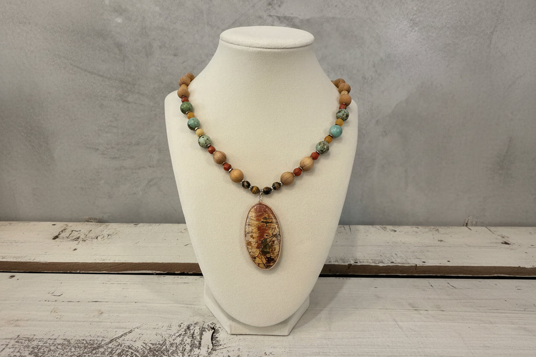 Beaded Sandalwood Necklace- Sonoran Agate & Turquoise