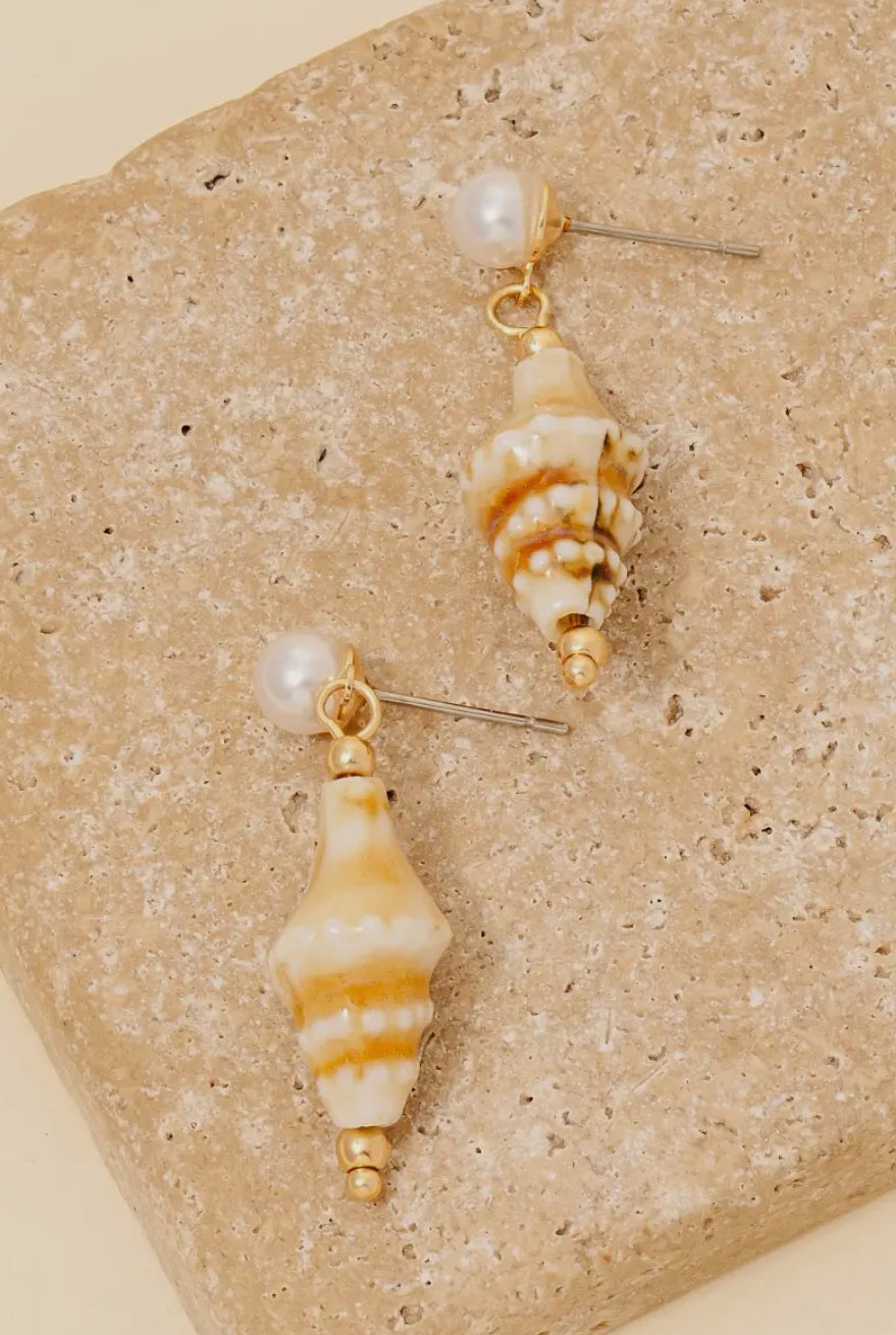Pearl Stud and Sea Shell Dangle Earrings