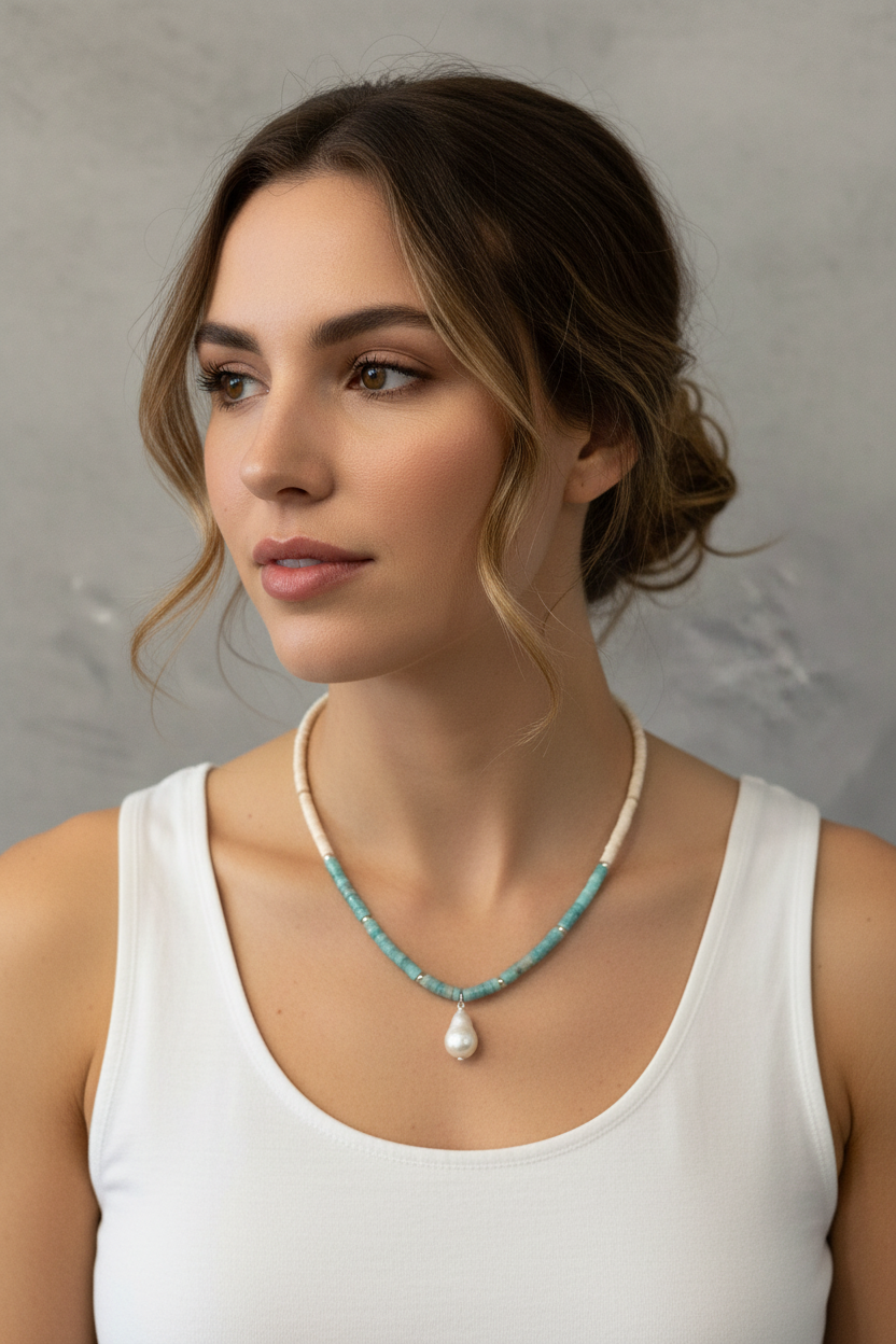 Beaded Crystal Necklace - Amazonite, White Opal Necklace + Baroque Pearl