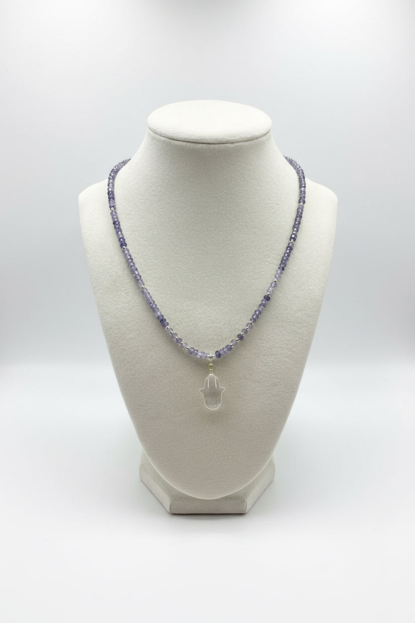 Crystal Necklace - Lolite and Mother of Pearl Hamsa