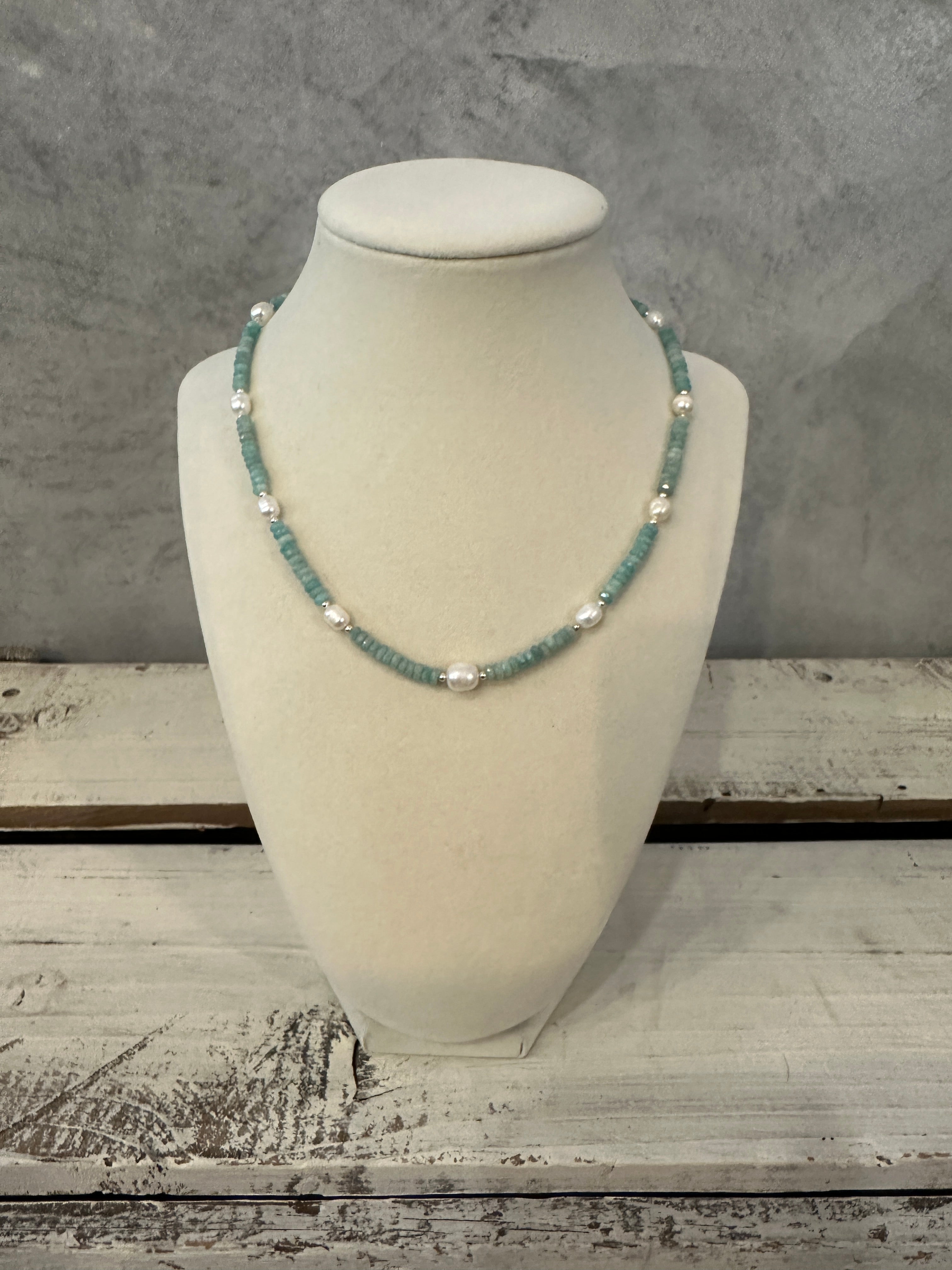 Beaded Crystal Necklace - Amazonite & Pearl