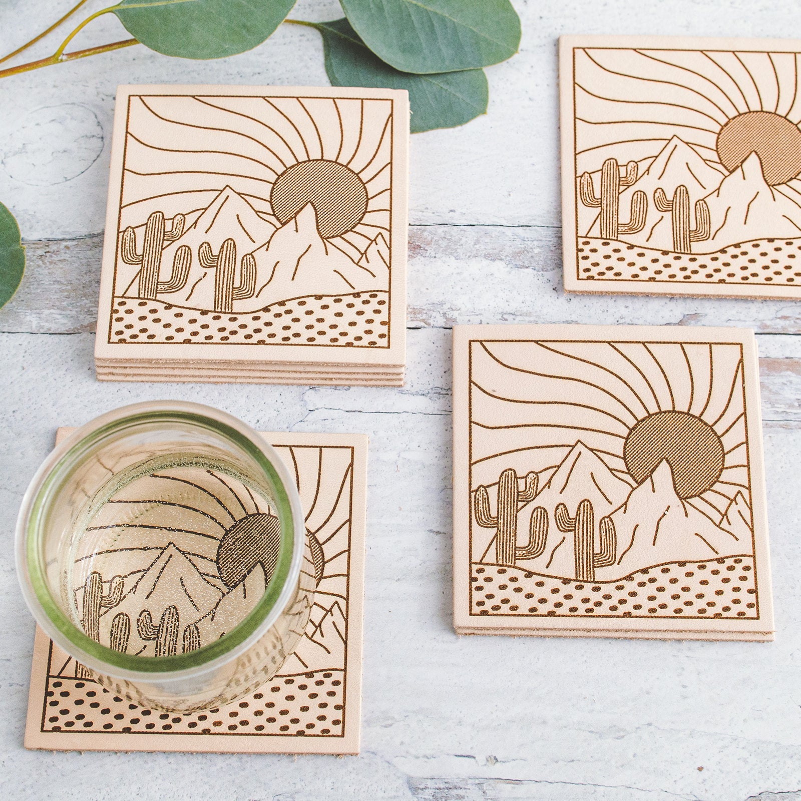 Pop Desert Print Leather Coaster set