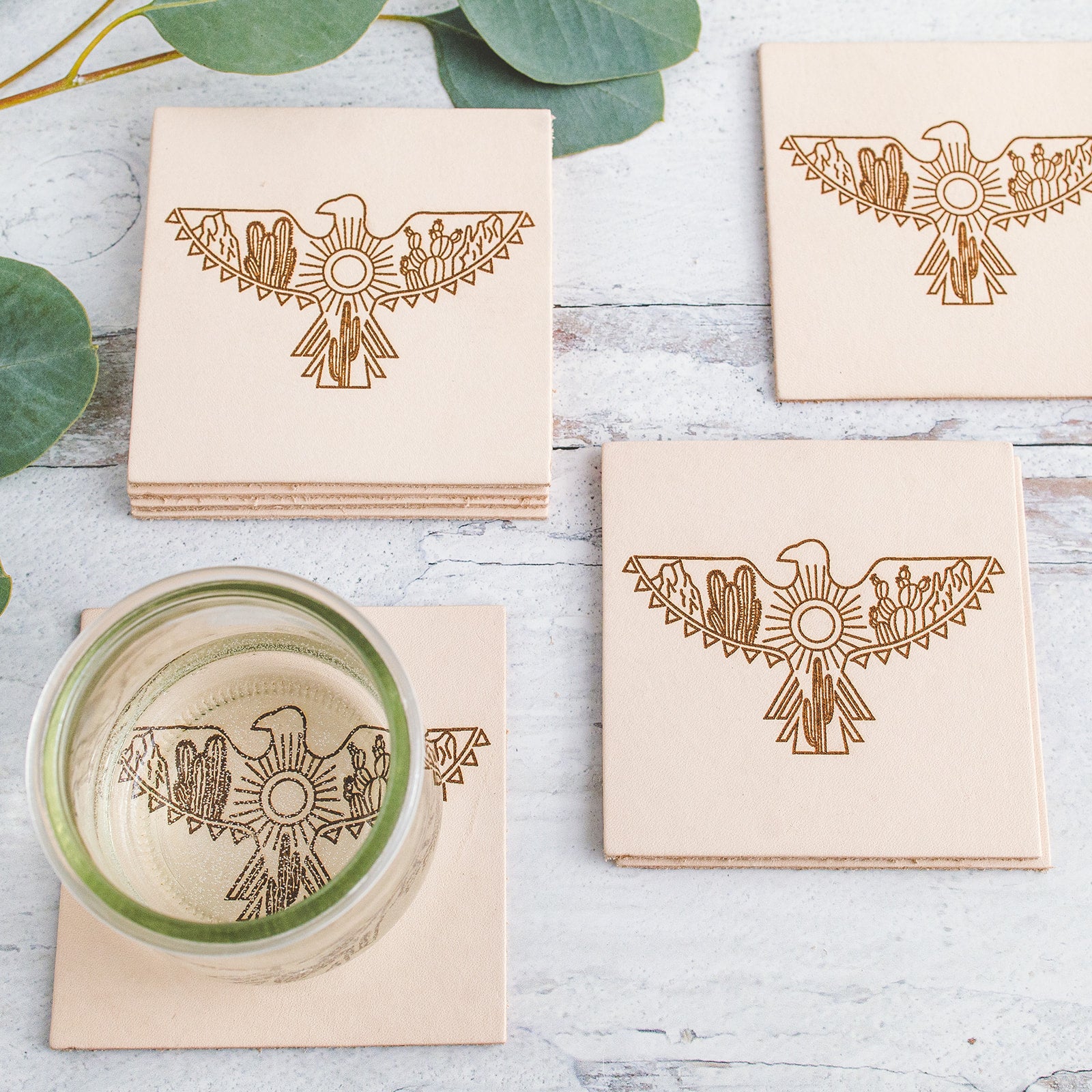 Thunderbird Print Leather Coaster set