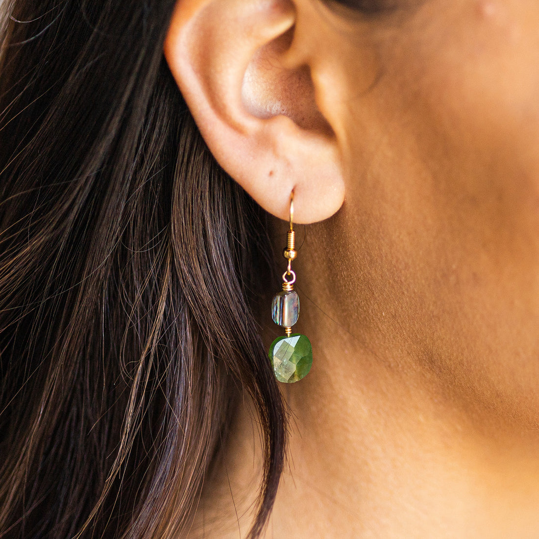 Wire Wrapped Crystal Earrings - Jade and Abalone