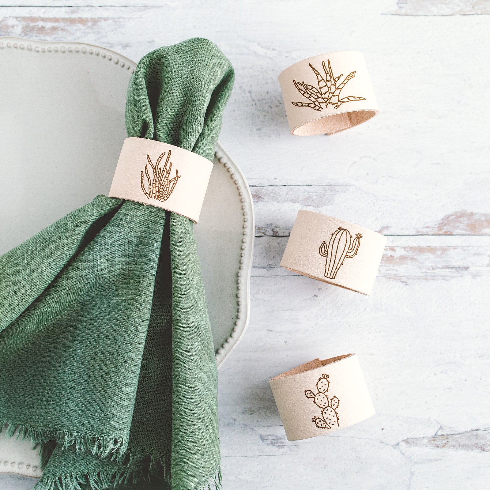 succulent napkins Succulent Print Leather Napkin Ring set