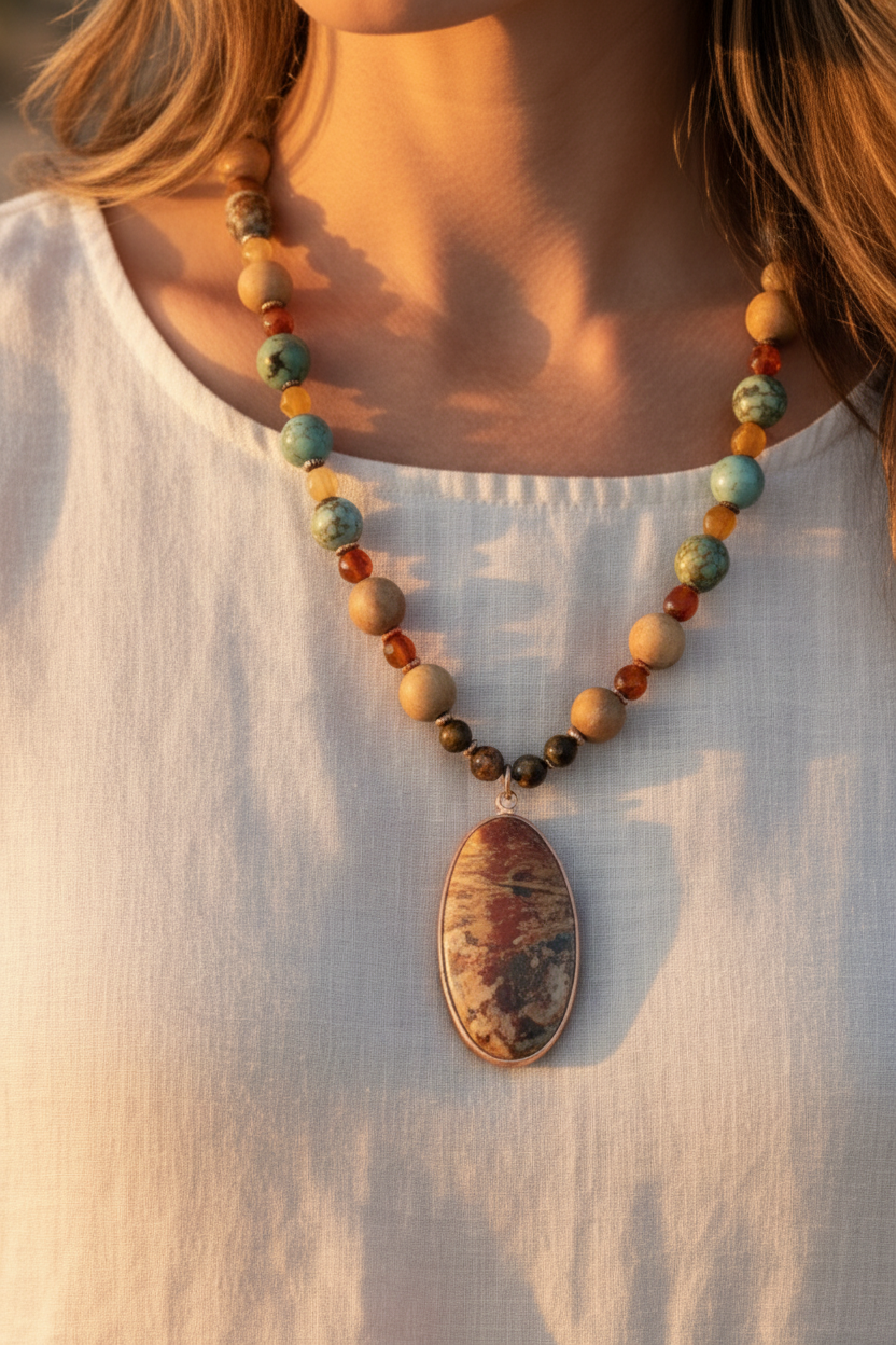 Leather Chevron Design Necklace Antique Brass