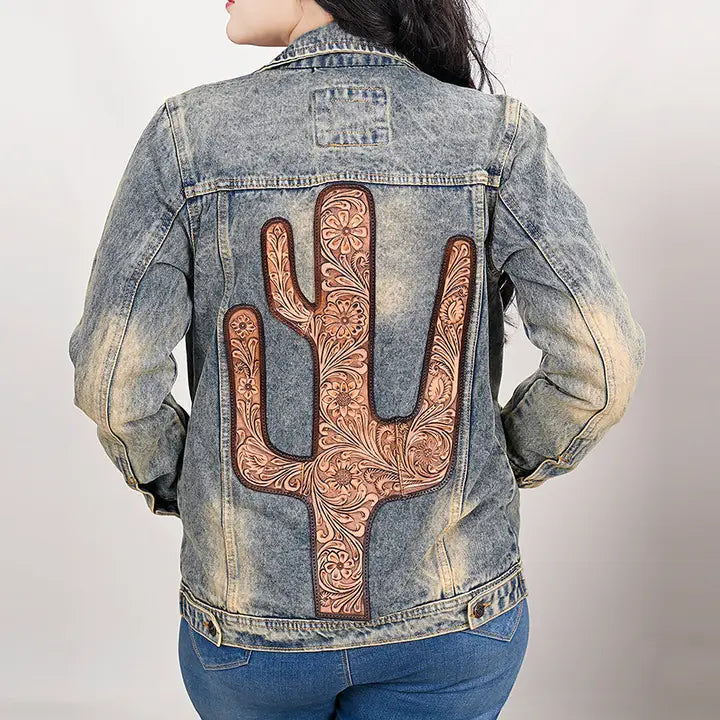 Cactus Tooled Leather Denim Jacket