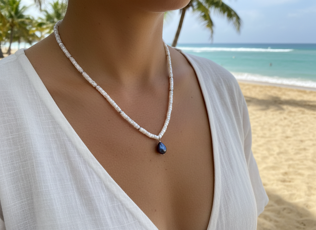 Beaded Crystal Necklace- Mother of Pearl