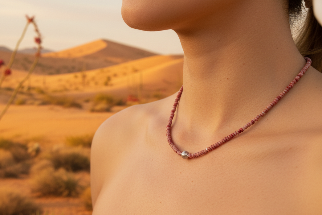 Beaded Crystal Necklace - Rhodonite + Tahitian Pearl
