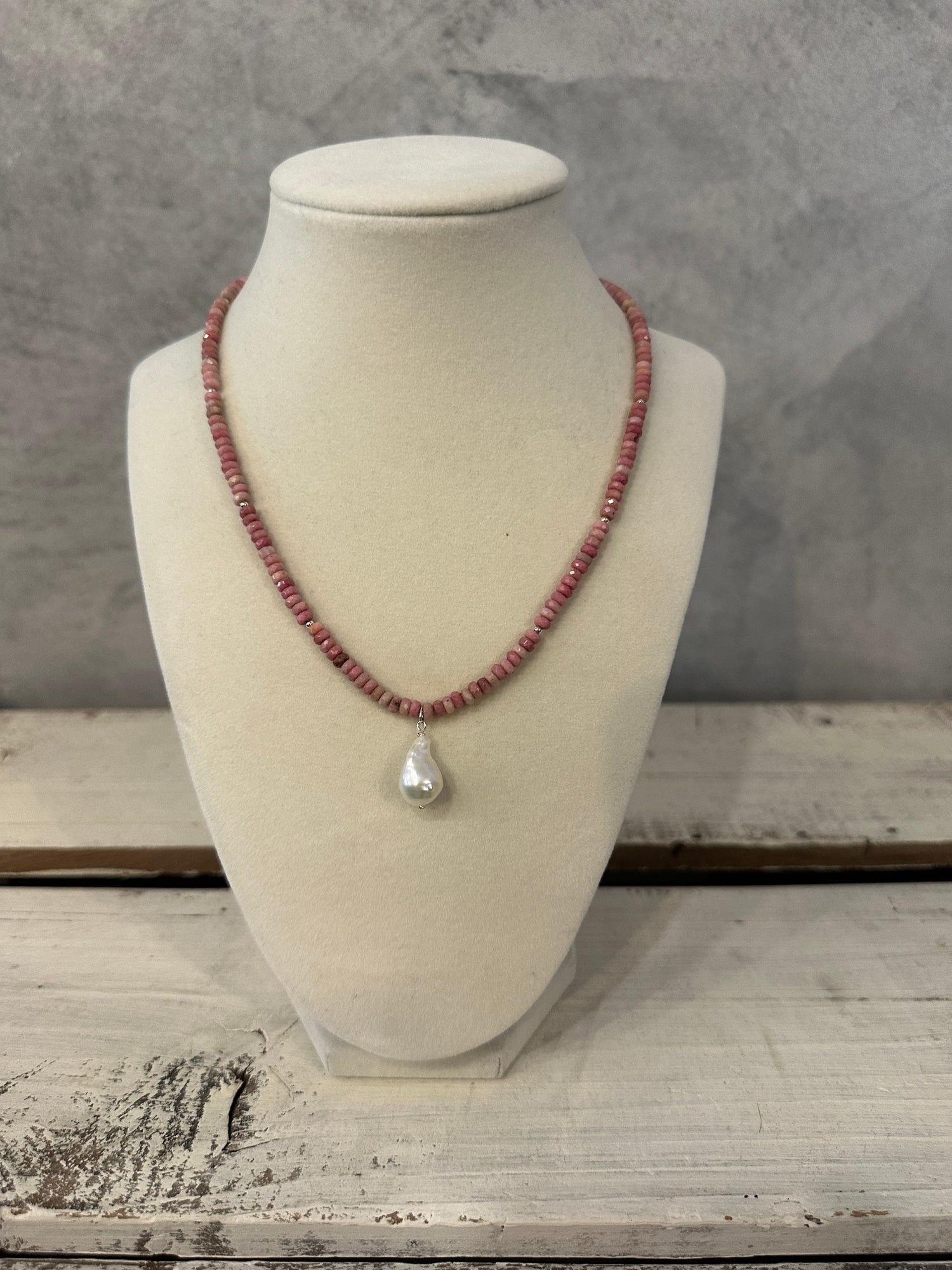 Beaded Crystal Necklace - Rhodonite &amp; Baroque Pearl