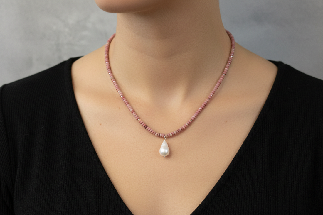 Rhodonite & Baroque Pearl Beaded Necklace