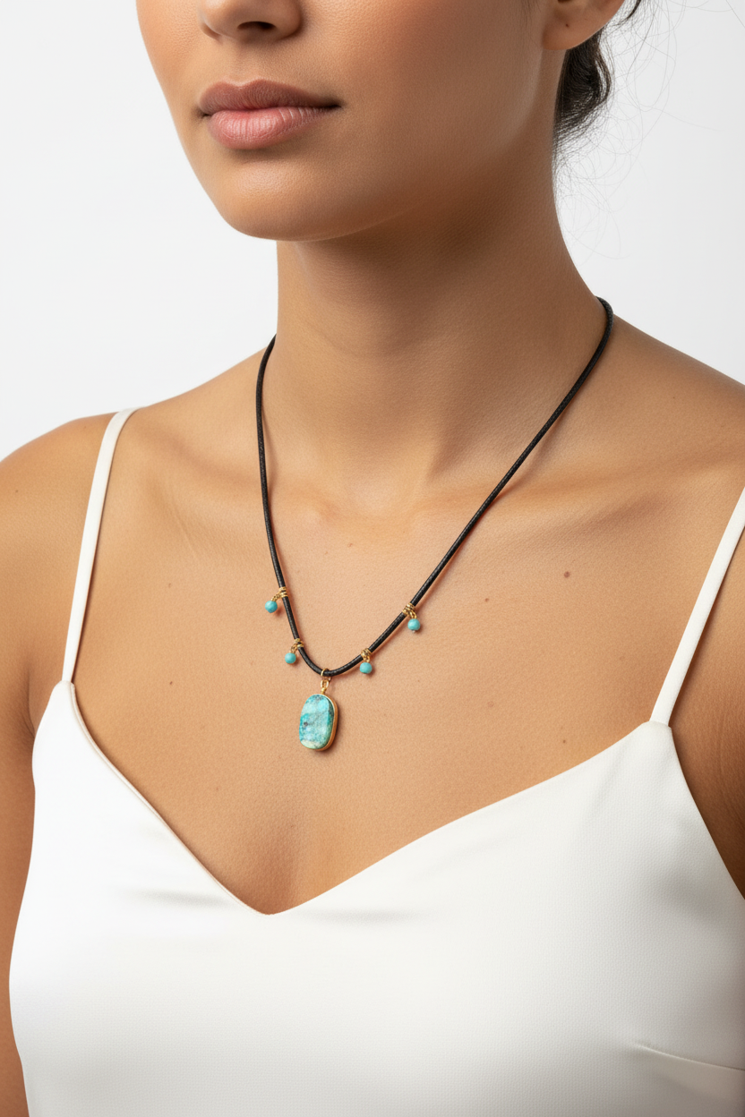 Leather Crystal Necklace - Chrysocolla and Amazonite