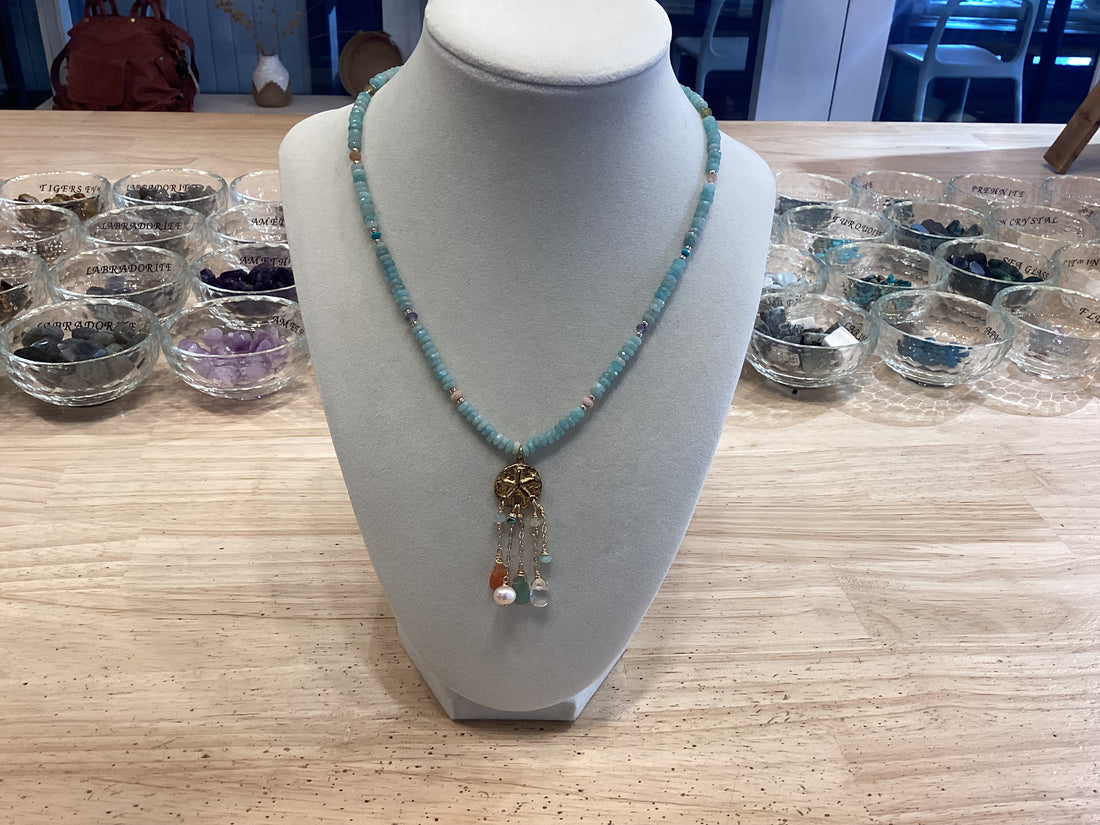 Beaded Crystal Necklace- Amazonite with Charm