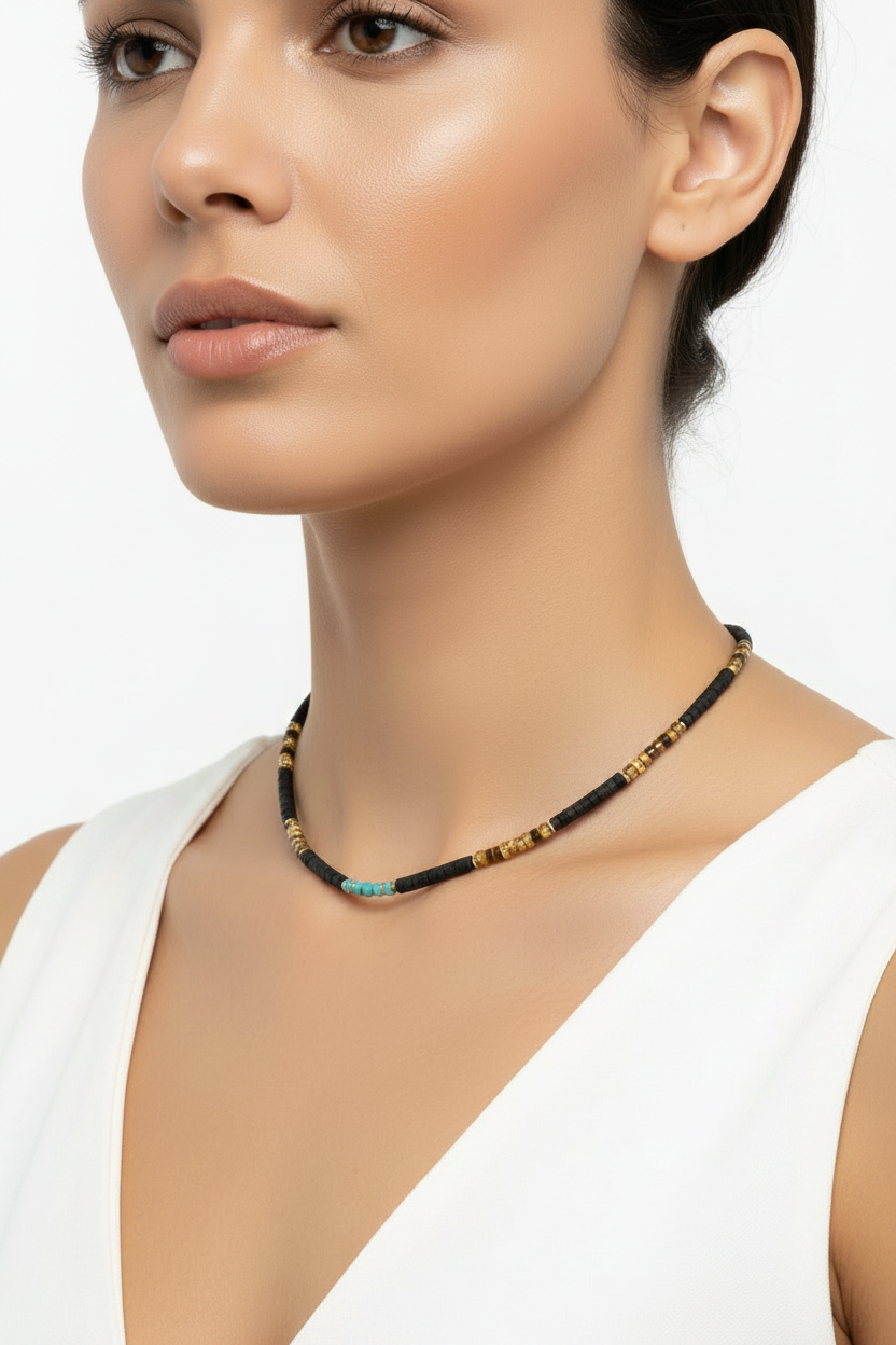 Crystal Necklace - Turquoise, Lava rock and Tigers Eye