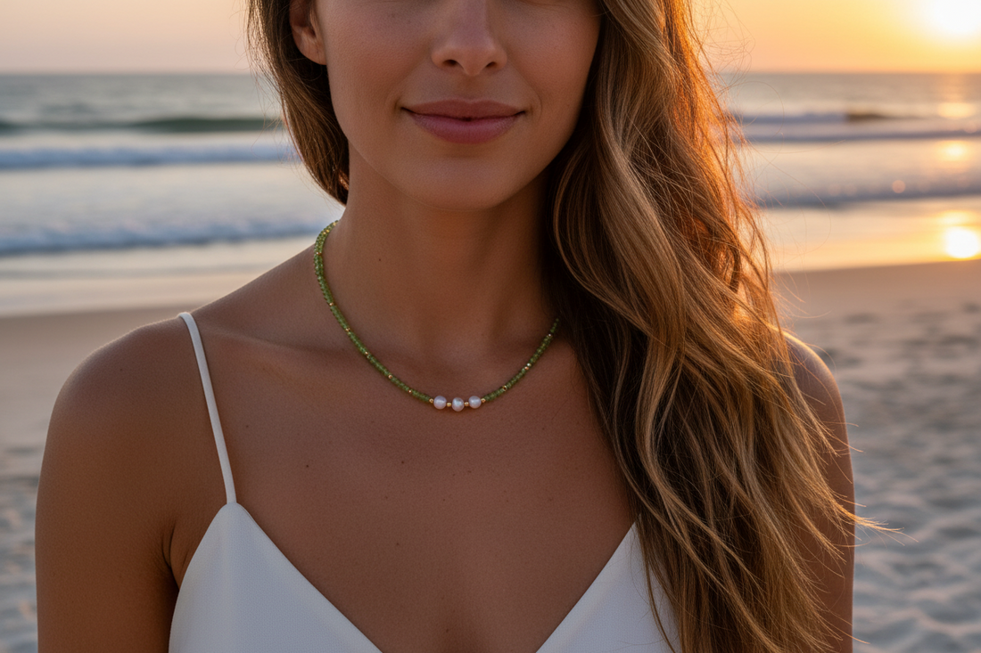 Beaded Crystal Necklace - Peridot &amp; Pearl