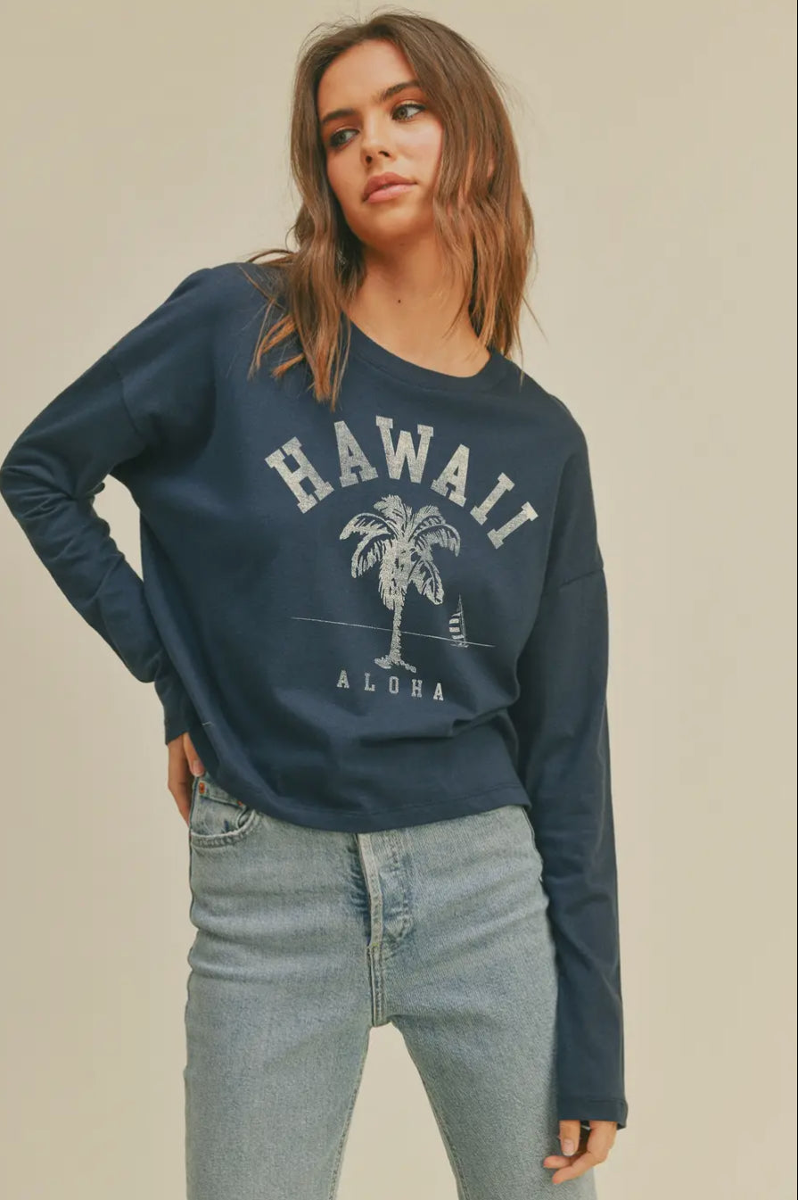 Hawaii Aloha Palm Tree Graphic Long Sleeve T-Shirt