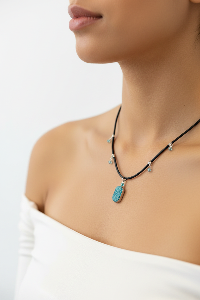 Leather Crystal Necklace - Chrysocolla and Amazonite
