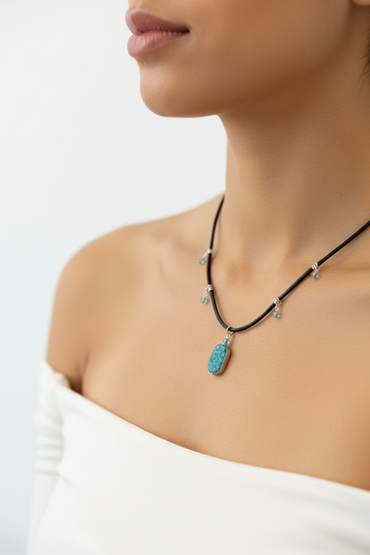 Leather Crystal Necklace - Chrysocolla and Amazonite