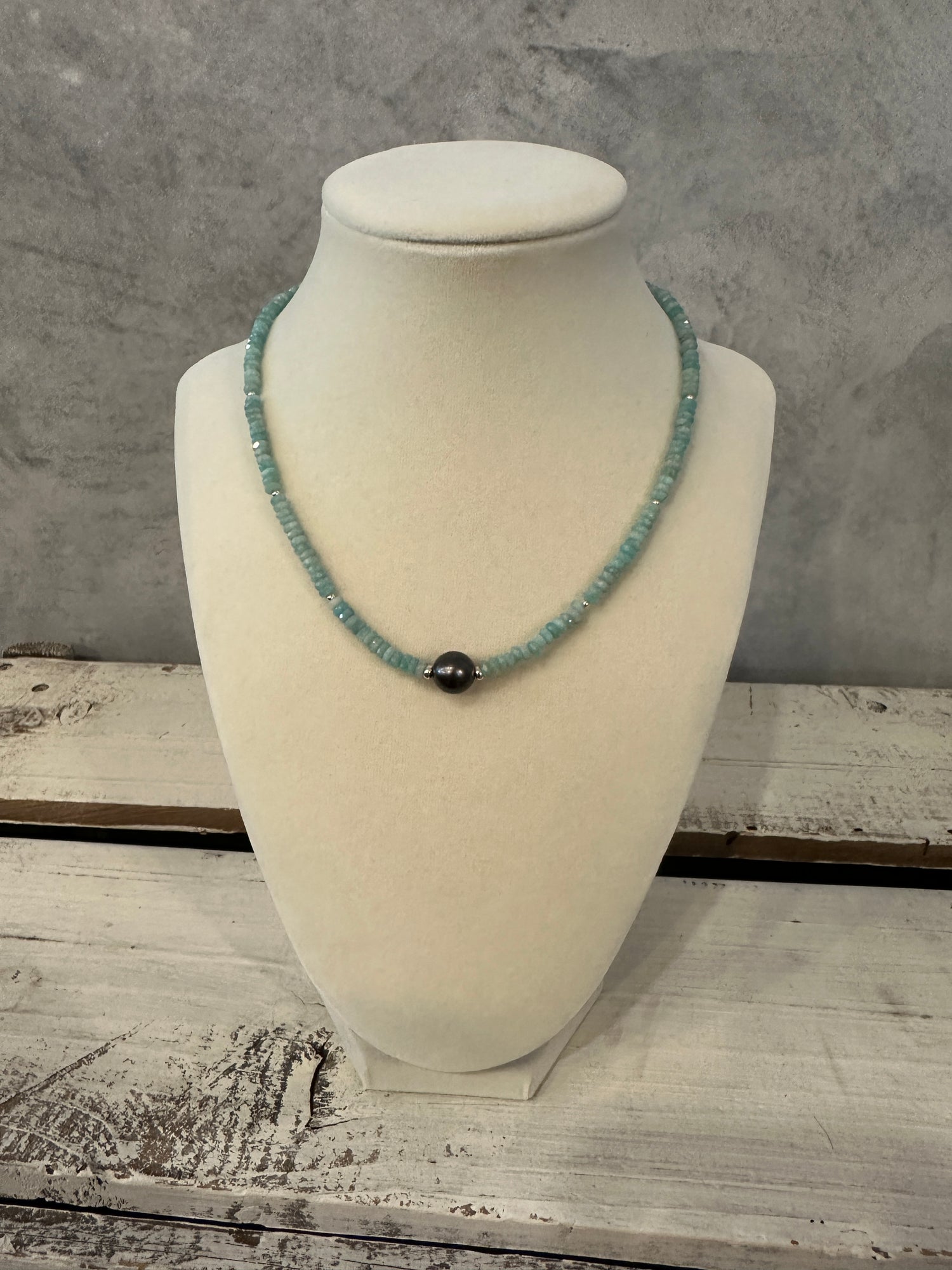 Beaded Crystal Necklace - Tahitian Pearl &amp; Amazonite