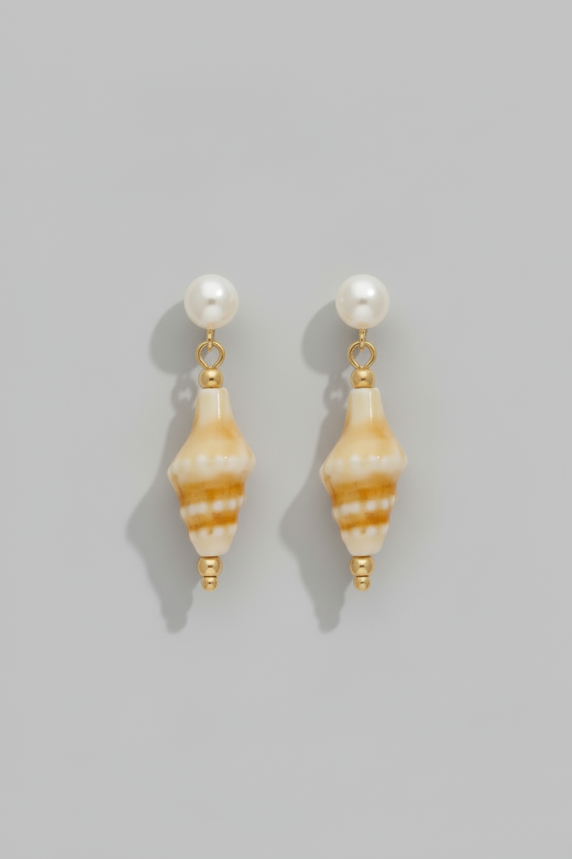 Pearl Stud and Sea Shell Dangle Earrings
