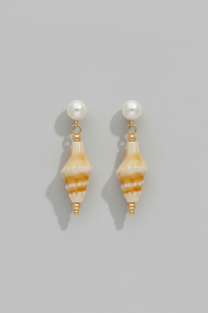Pearl Stud and Sea Shell Dangle Earrings
