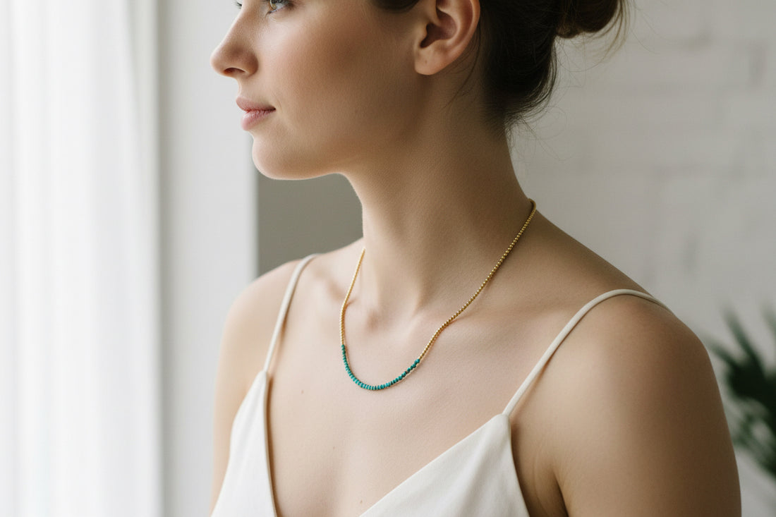 Beaded Crystal Necklace - Gold with Turquoise