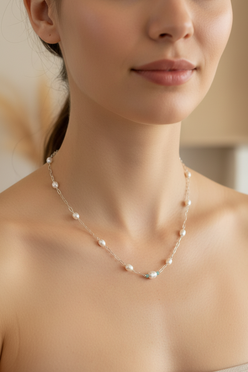 Paperclip Necklace - Pearl and Amazonite