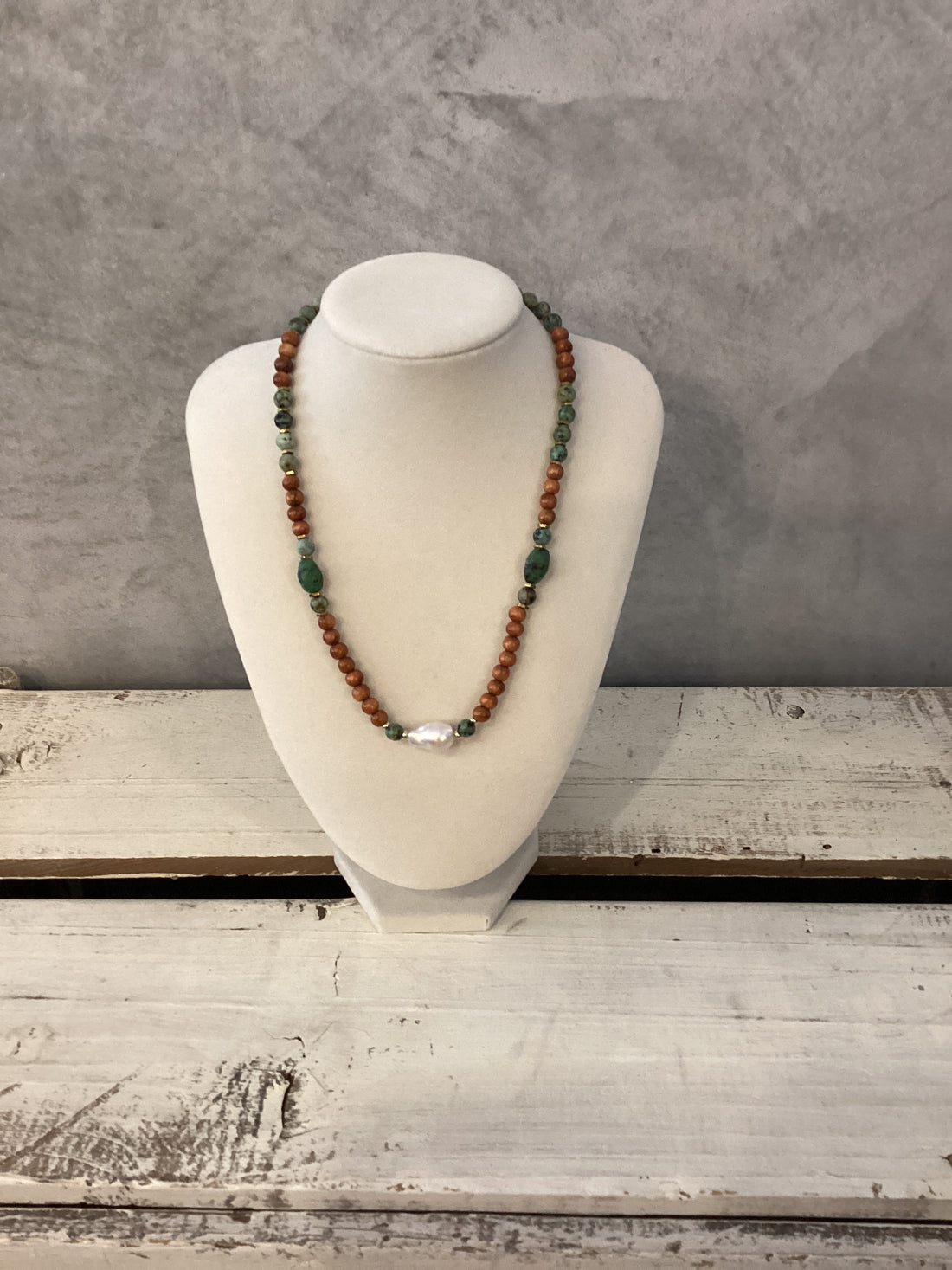 Beaded Sandalwood Necklace- Turquoise &amp; Baroque Pearl