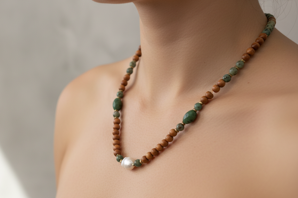 Beaded Sandalwood Necklace- Turquoise &amp; Baroque Pearl