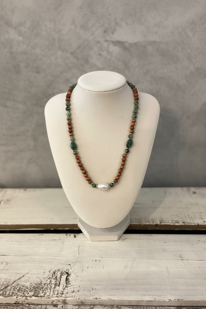 Beaded Sandalwood Necklace- Turquoise &amp; Baroque Pearl
