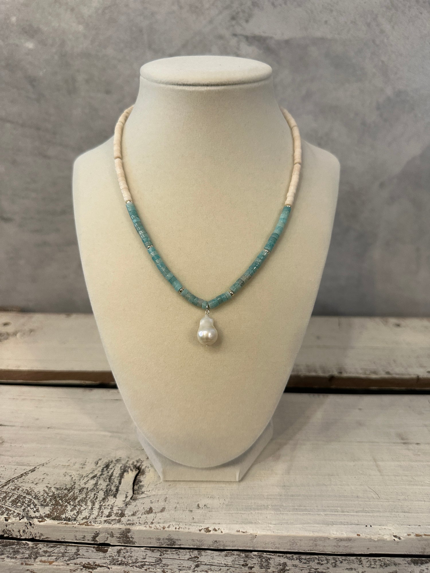 Beaded Crystal Necklace - Amazonite, White Opal Necklace + Baroque Pearl