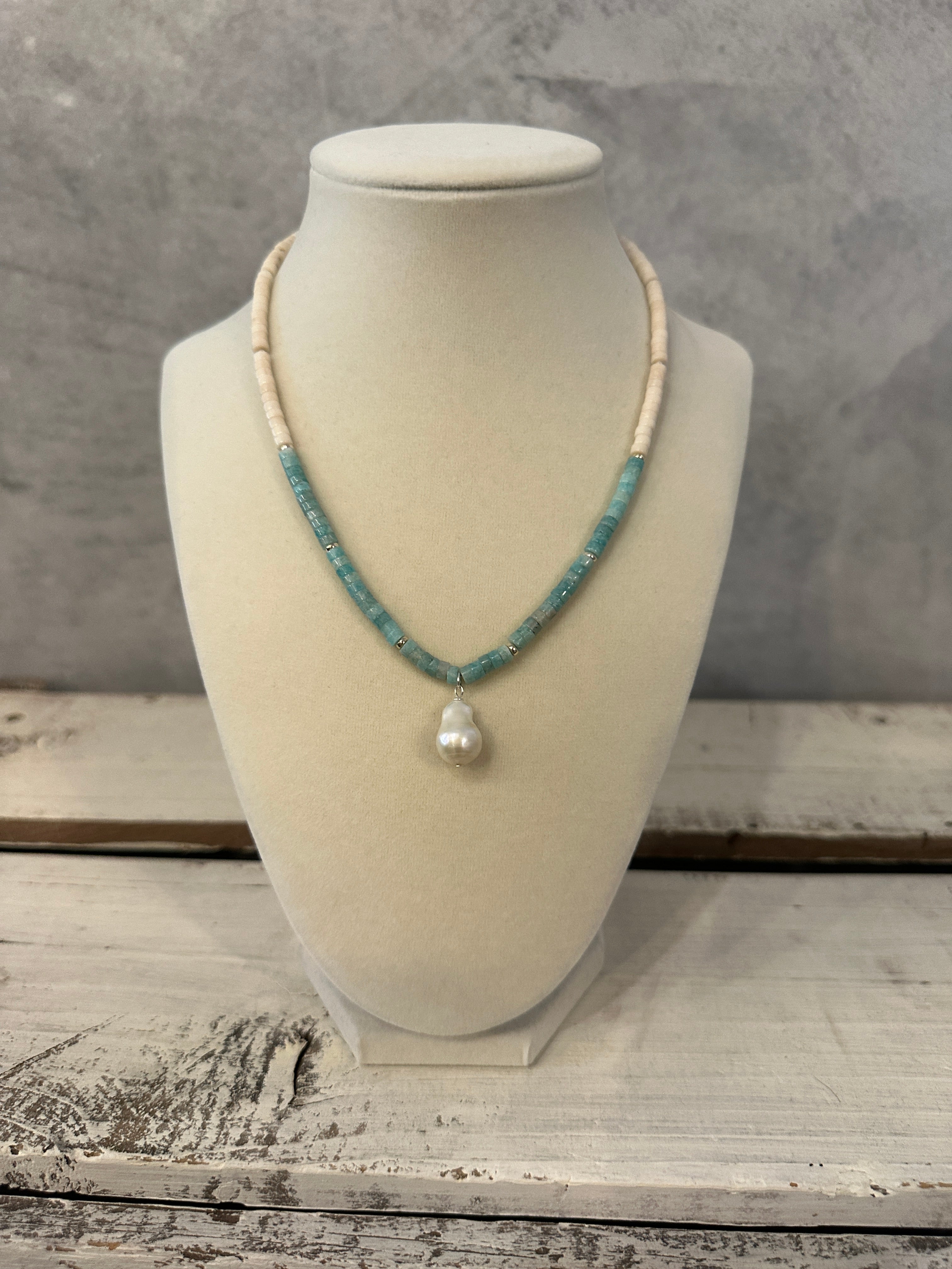 Beaded Crystal Necklace - Amazonite, White Opal Necklace + Baroque Pearl