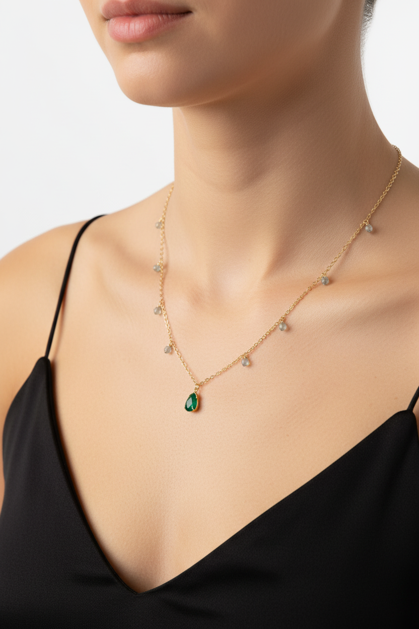 Crystal Dangly Teardrop Necklace - Jade