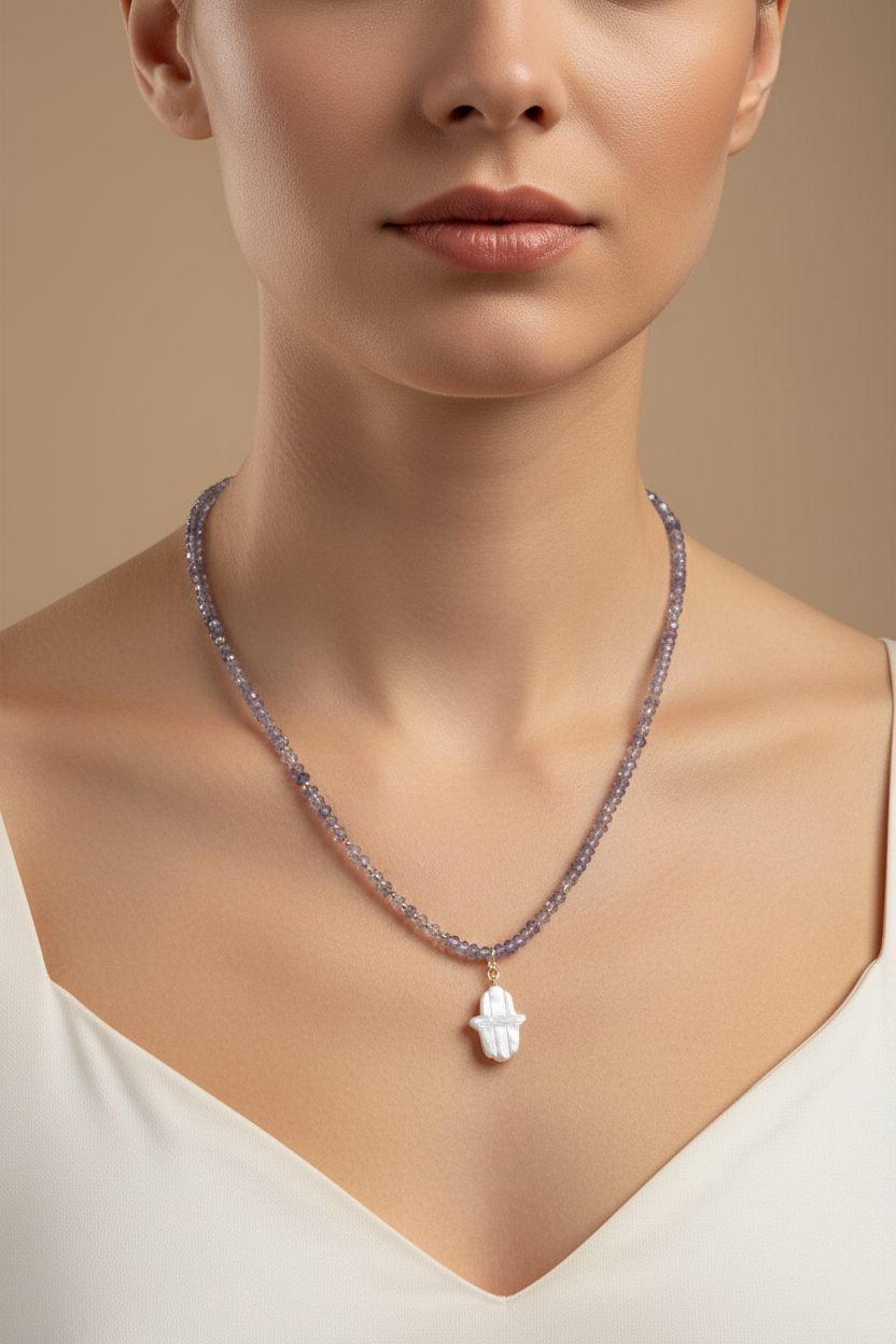 Crystal Necklace - Iolite and Pearl Hamasa