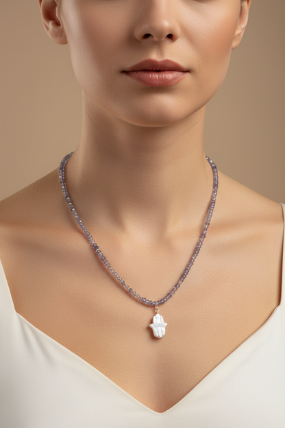 Crystal Necklace - Iolite and Pearl Hamasa