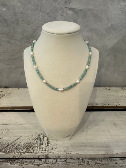 Beaded Crystal Necklace - Amazonite &amp; Pearl