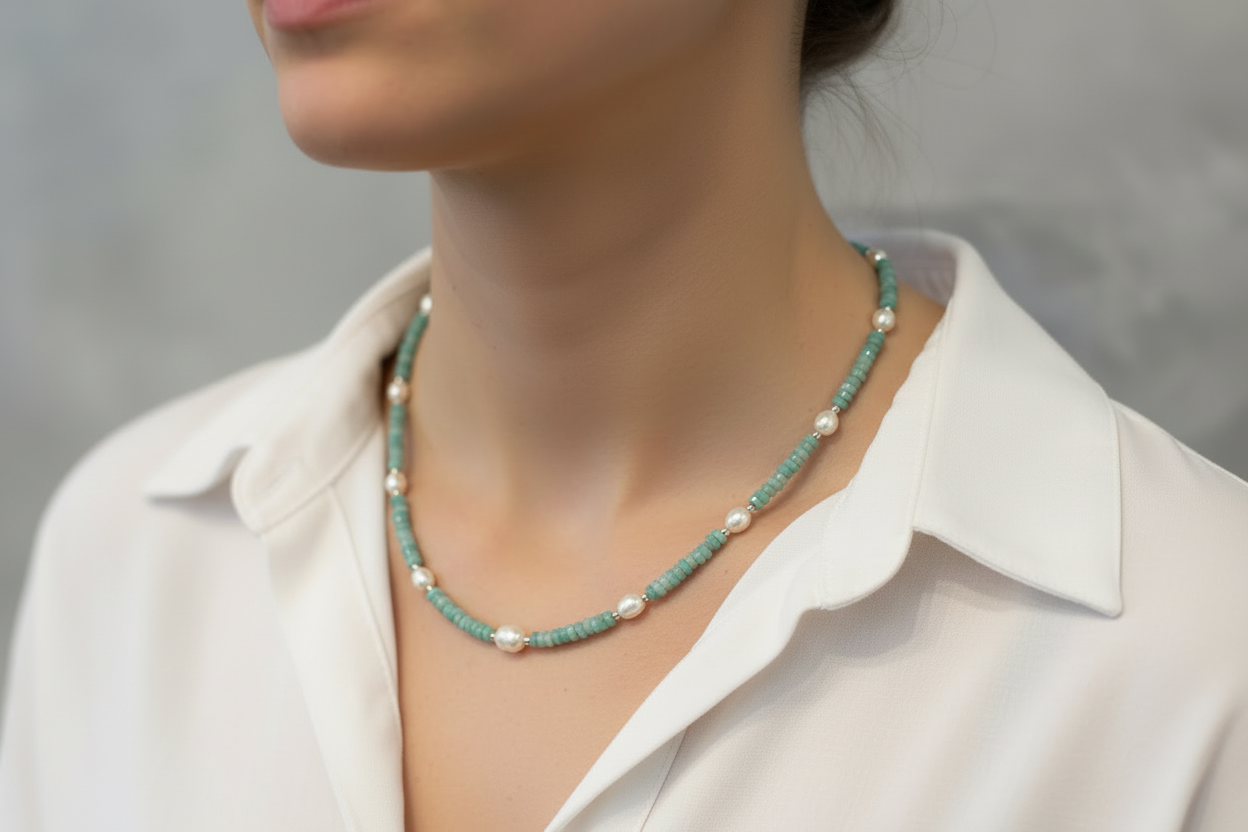 Beaded Crystal Necklace - Amazonite &amp; Pearl