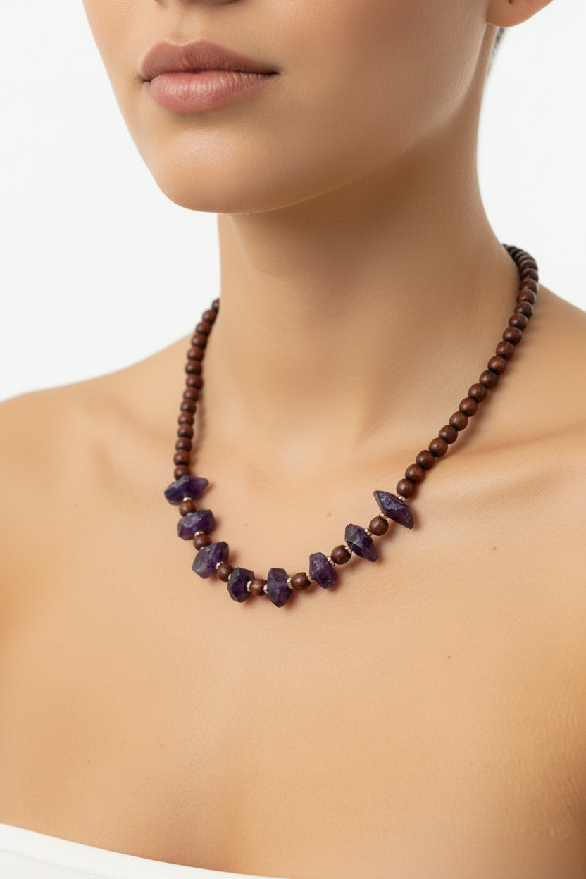 Crystal Necklace: Sandalwood and Amethyst