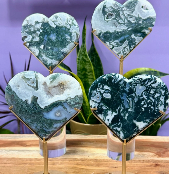 Moss Agate Heart with Stand