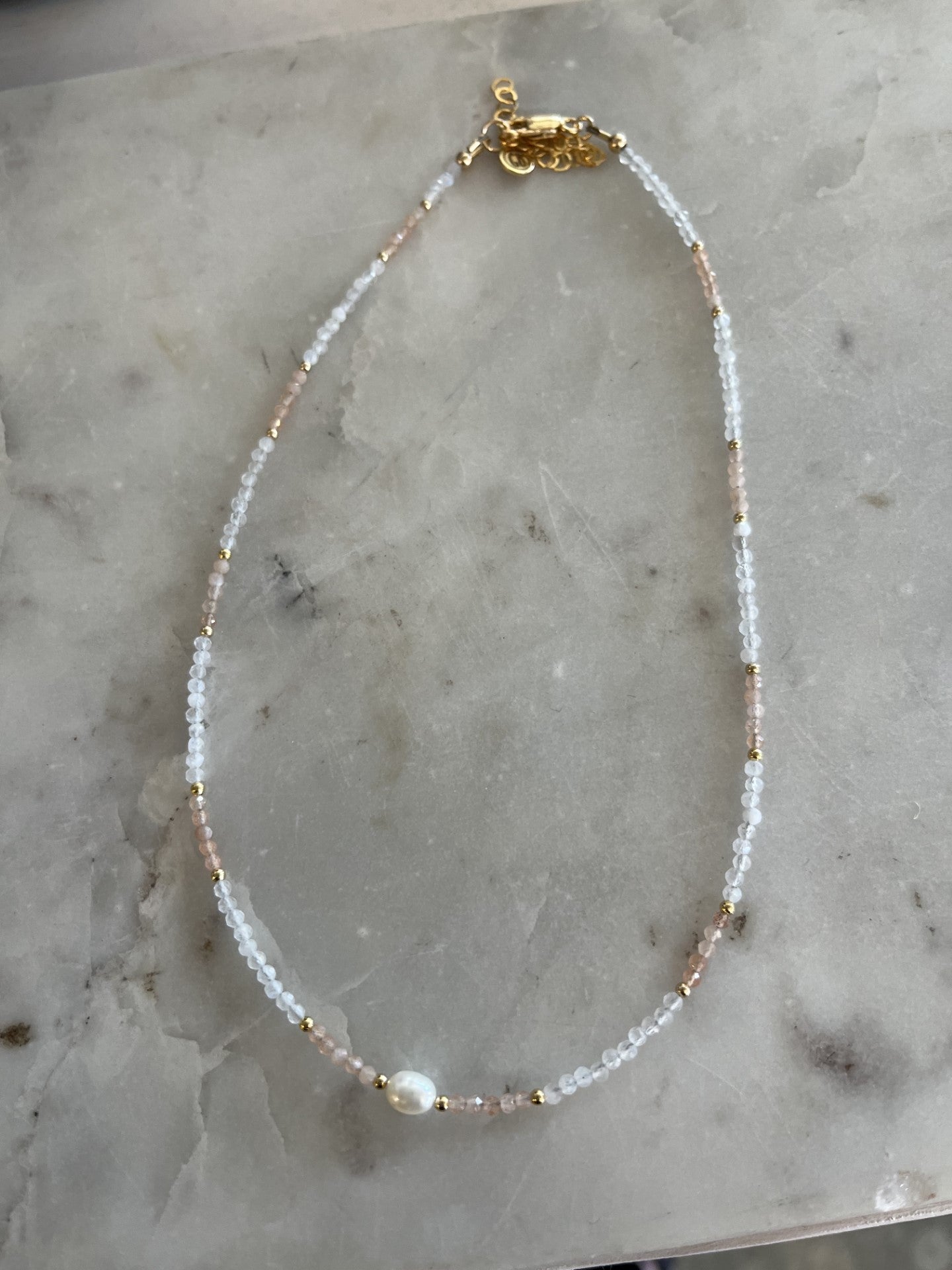 Teardrop Peach Moonstone with Pearl Necklace