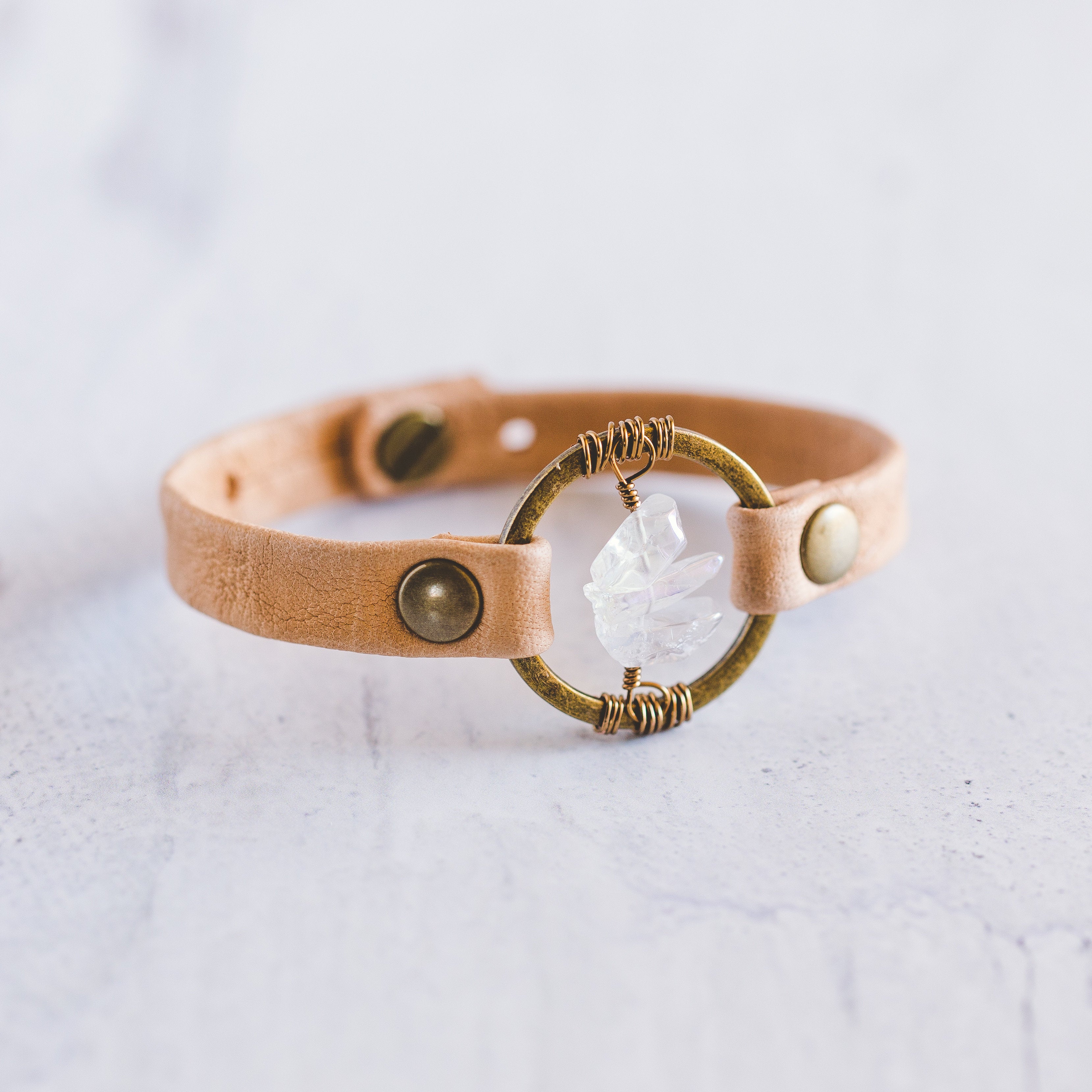 Antique Brass Be The Light Leather Bracelet in Sand Colored Leather With Three Clear Quartz Crystals