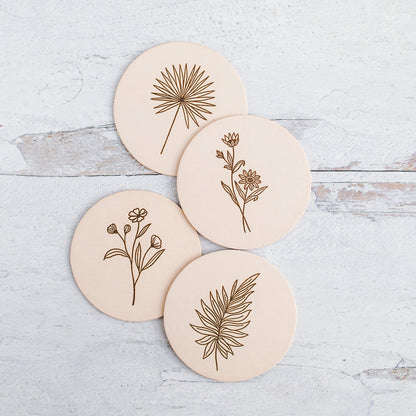 Wildflower Print Round Leather Coaster Set