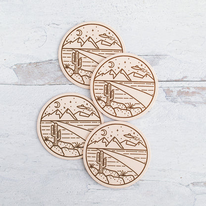 UFO Desert Print Round Leather Coaster Set