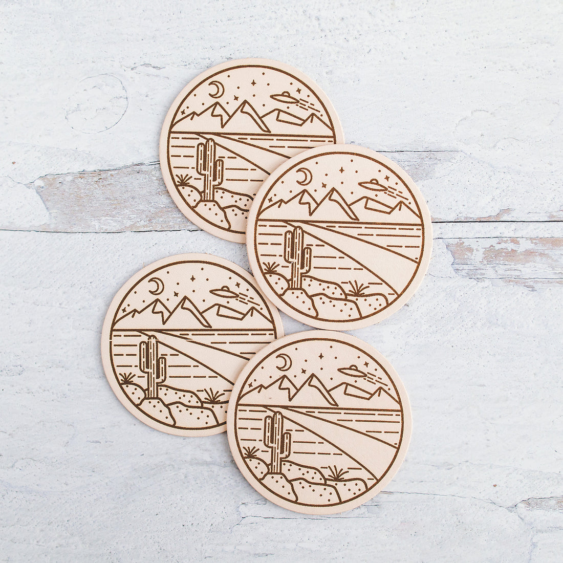 UFO Desert Print Round Leather Coaster Set