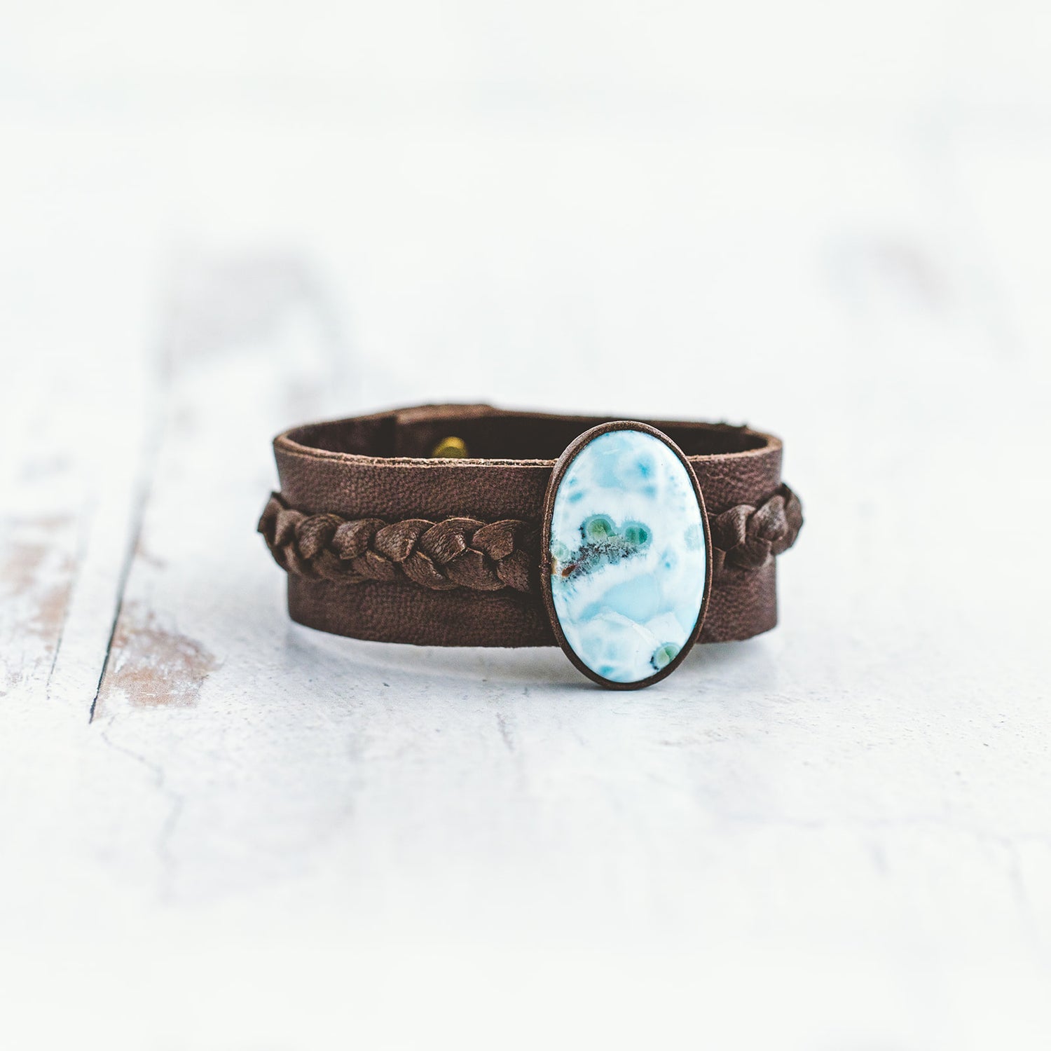 Custom Cuff Braid Larimar bracelet detail.