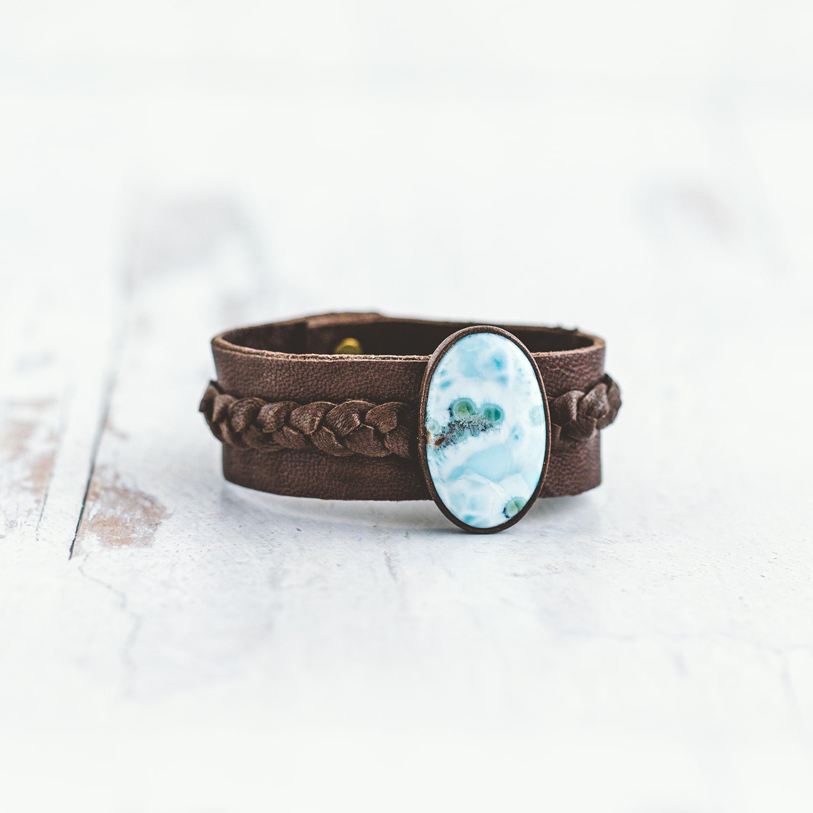 Custom Cuff Braid Larimar bracelet detail.