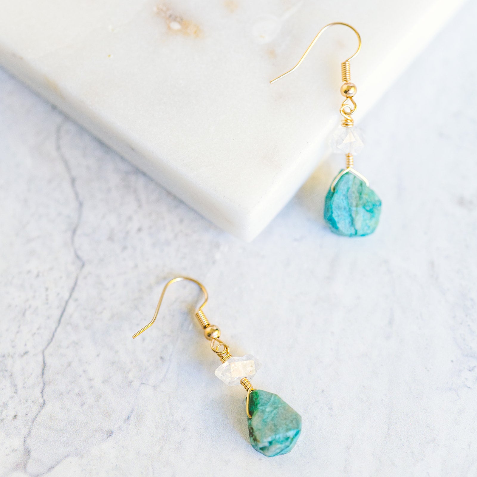 Wire Wrapped Crystal Earrings - Chrysocolla and Herkimer Diamond